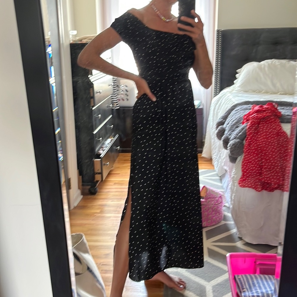 Black  polka dot smocked maxi dress off the shoulder with slit